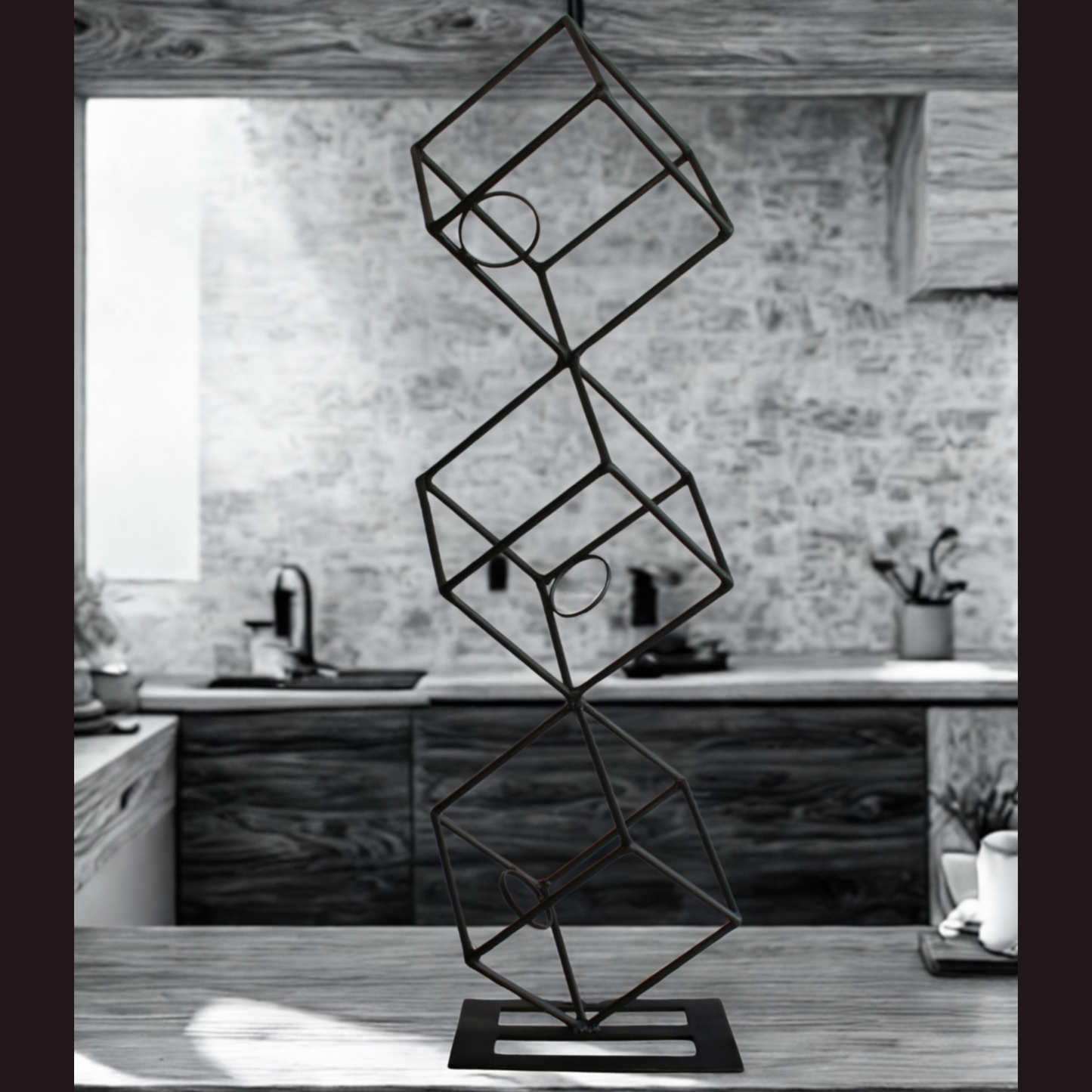 Geometric metal sculpture on a kitchen counter