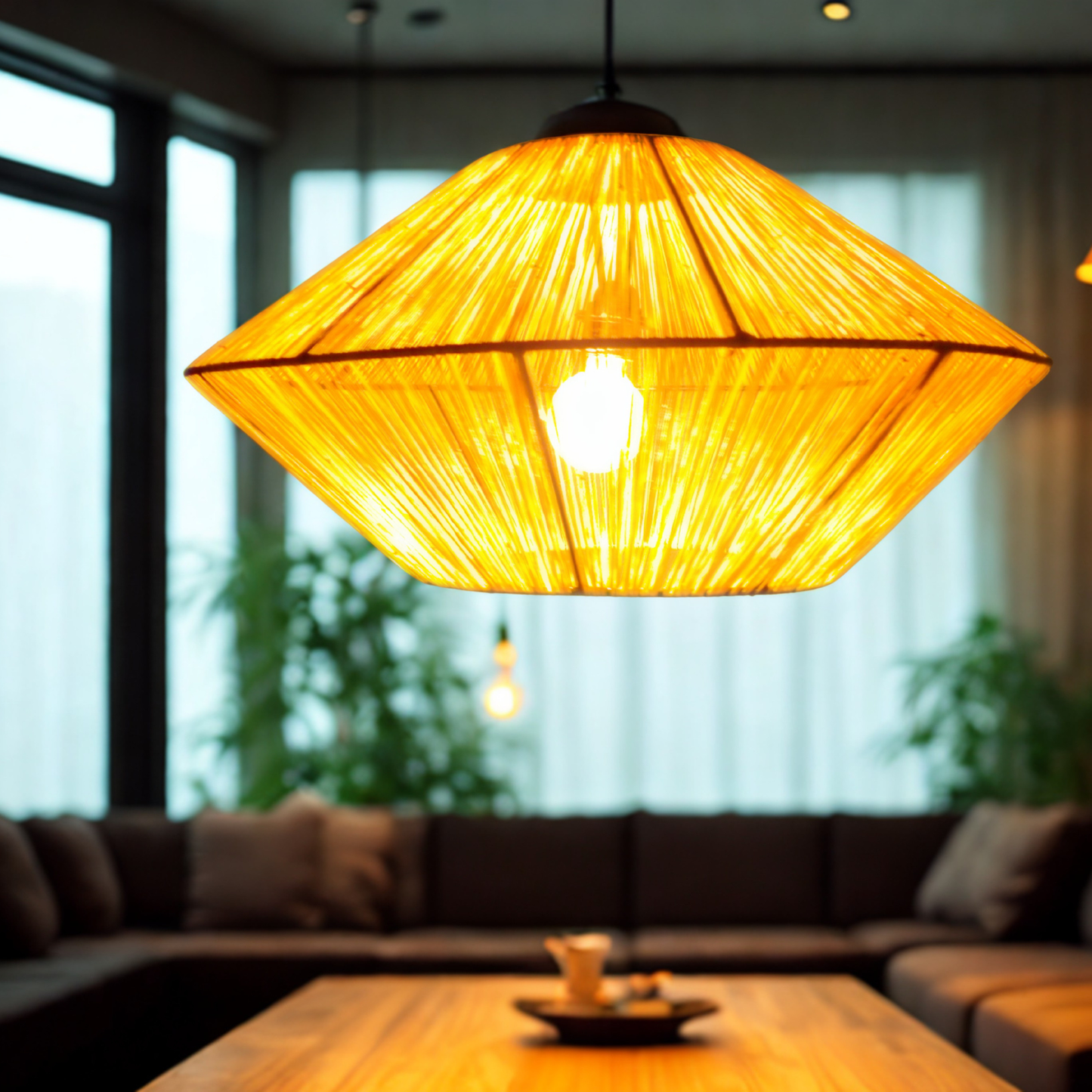 A modern geometric pendant light with a warm natural fibre woven shade hanging in a cozy, softly blurred living room with a sofa, table, and plants in the background.