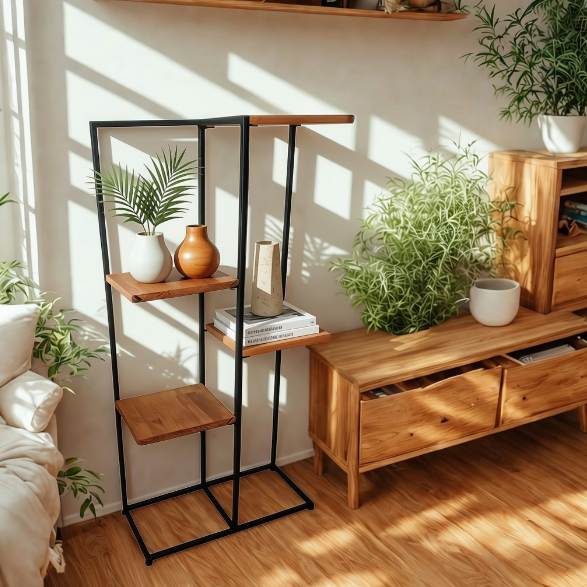 A modern black metal and wood shelving unit styled in a warm, sunlit living room next to a wooden console table and surrounded by potted green plants.