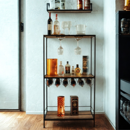 A tall black metal bar cart with three wooden shelves, styled with various liquor bottles, glasses, and decorative items, set against a white wall on a wooden floor.