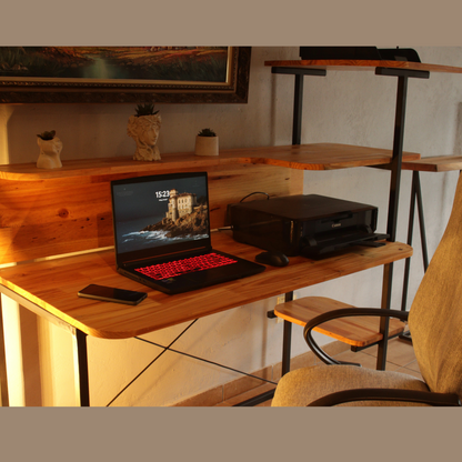 A wooden work station with laptop and printer