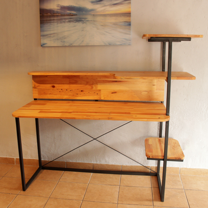 A multi tier wooden and steel workstation