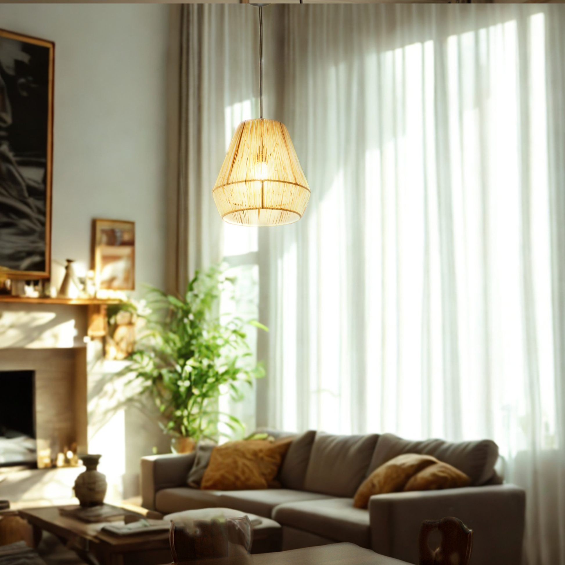 A warm, modern living room scene featuring a woven natural-fiber pendant light hanging over a gray sofa with yellow pillows, set against a background of sheer white curtains and a fireplace.