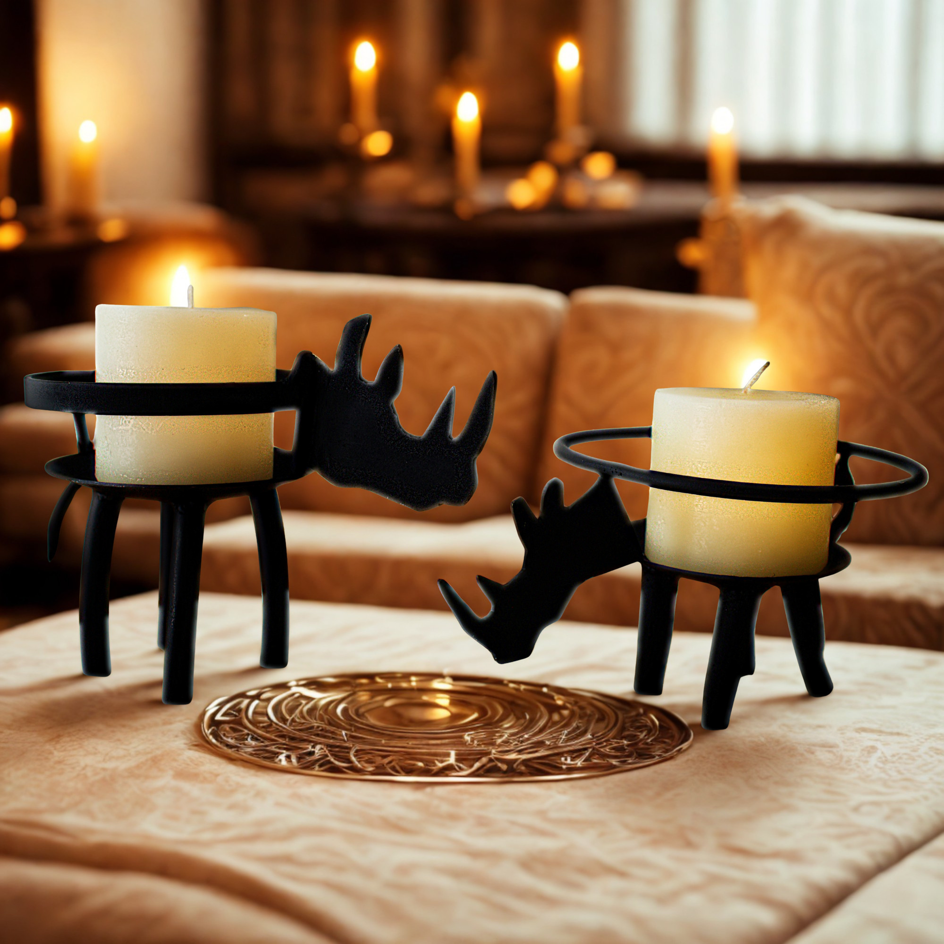 Two black metal candle holders shaped like stylized animal heads, each holding a lit cream pillar candle, placed on a table in a warmly lit living room with blurred candles and cushions in the background.