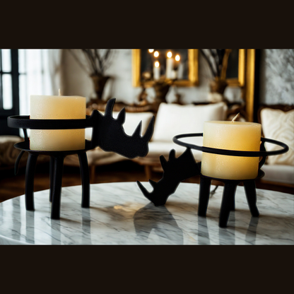 Two black metal candle holders shaped like African rhinos, each holding a lit cream pillar candle, displayed on a white marble table in a softly blurred living room setting.
