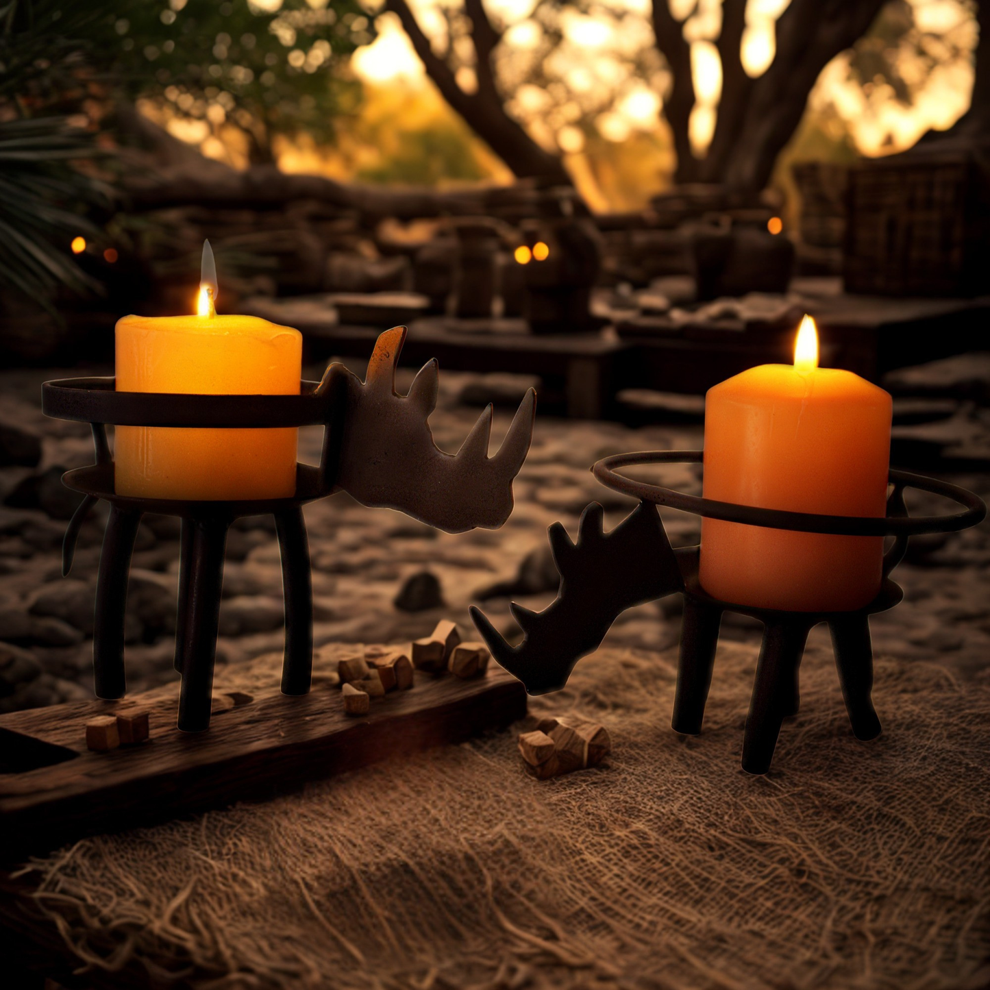 Two lit orange pillar candles displayed on black metal rhino shaped candle holders, set on a rustic burlap surface outdoors at dusk.