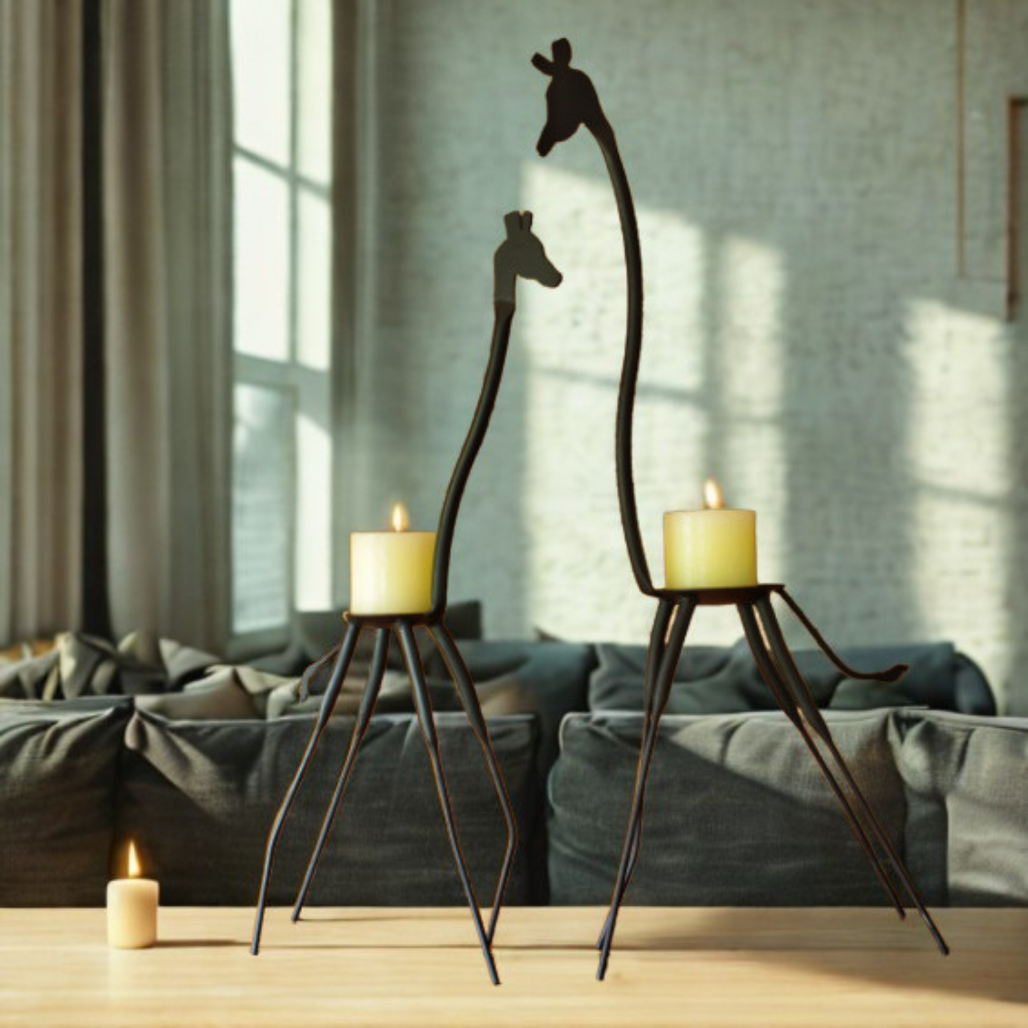 Two giraffe-shaped metal candle holders with lit candles, displayed on a wooden table in a modern living room setting.