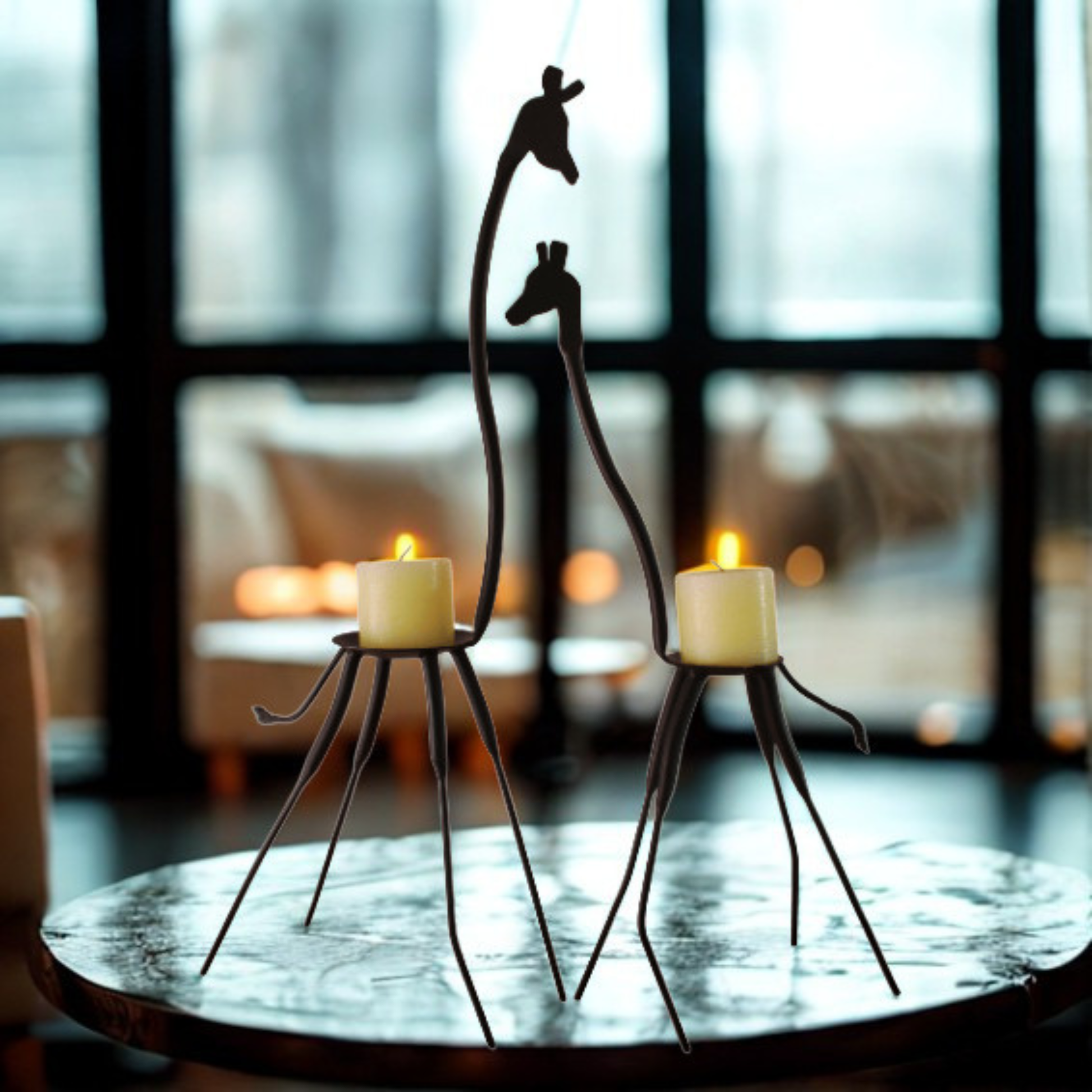 Two giraffe-shaped metal candle holders with lit candles, displayed on a round table in a softly blurred indoor setting.