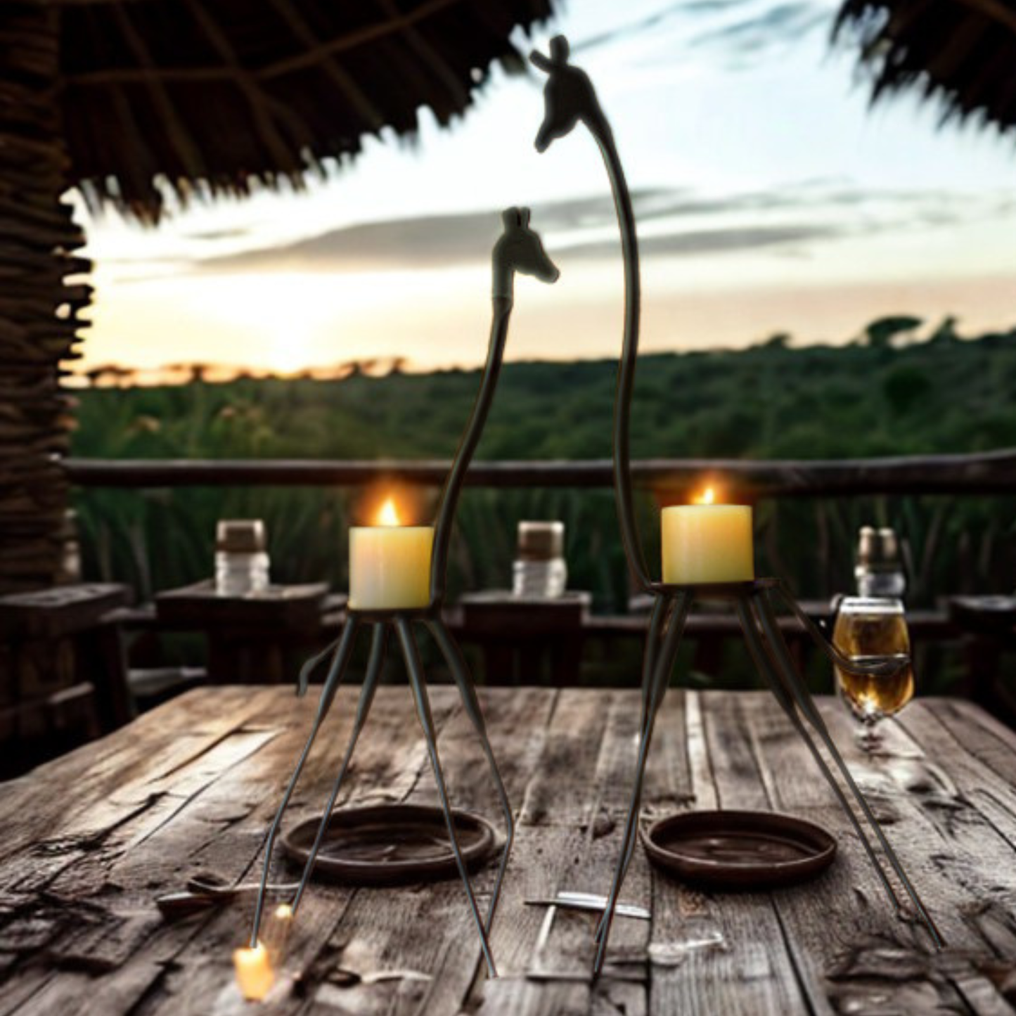 Two giraffe-shaped candle holders on a rustic wooden table at sunset, with lit candles, small bottles, and a glass of amber liquid in front of a bushveld outdoor setting.