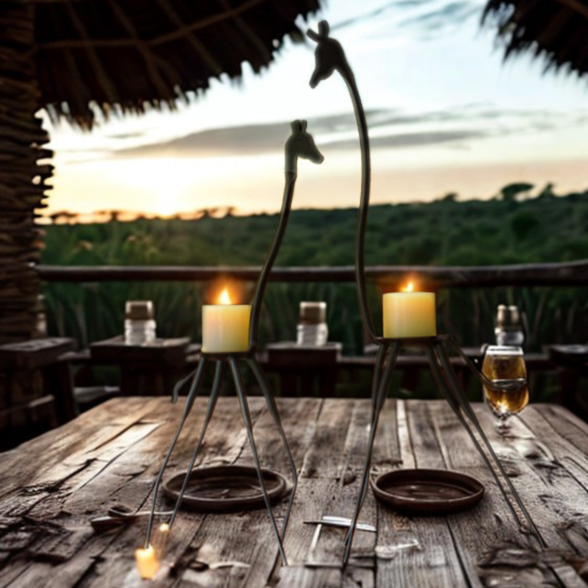 Two giraffe-shaped candle holders on a rustic wooden table at sunset, with lit candles, small bottles, and a glass of amber liquid in front of a bushveld outdoor setting.