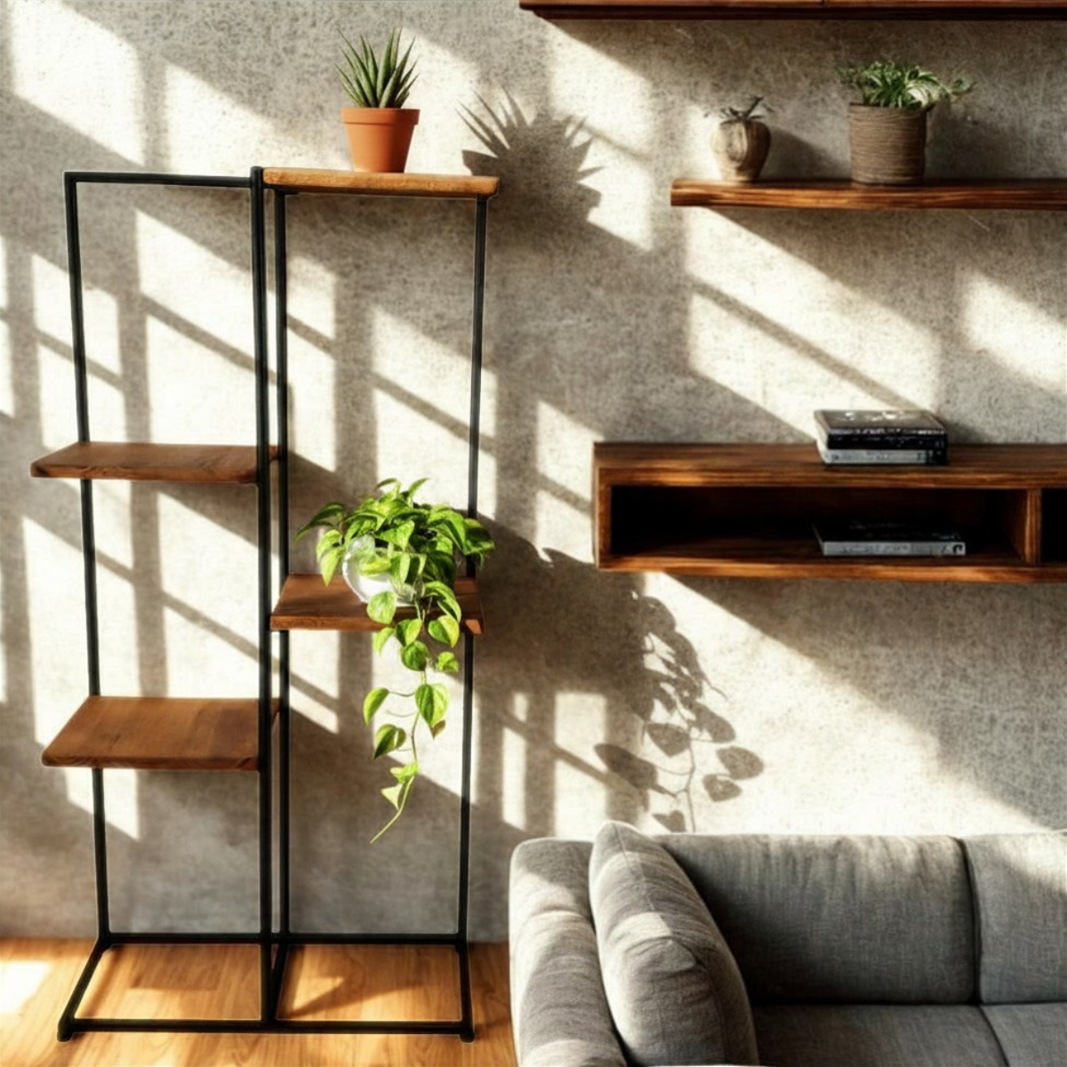 A tall black metal and wood ladder shelf stands against a textured wall in a sunlit room, styled with potted plants and books. Part of a gray sofa is visible at the bottom right.