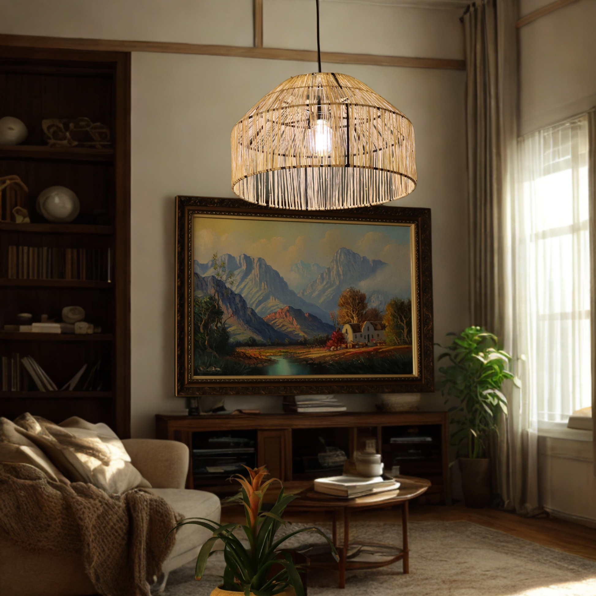 A large woven rattan pendant light hangs in a cozy, sunlit living room. The room features a dark wood bookshelf, a beige sofa with a throw blanket, a wooden coffee table, and a large framed landscape painting on the wall.