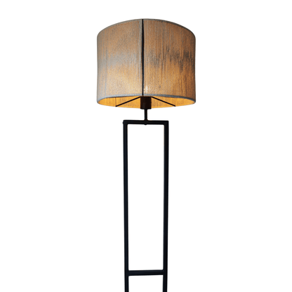 Floor lamp with a wooden shade on a white background