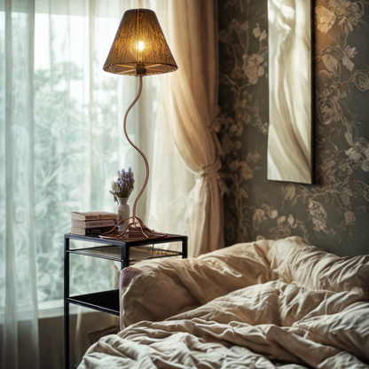 Table lamp next to a window in a bedroom with natural light through a curtain. 