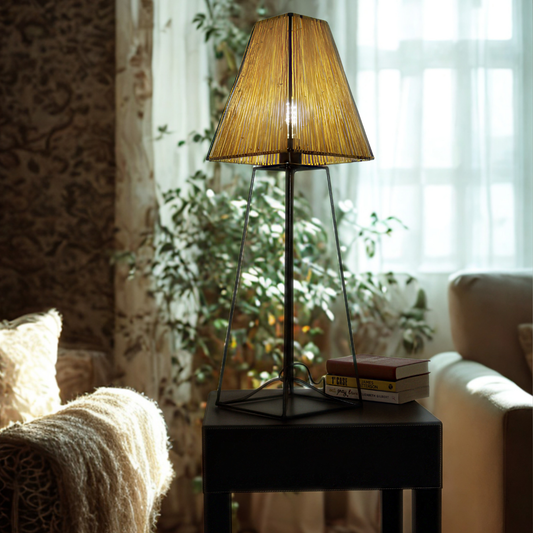 A table lamp with a warm brown woven shade and a dark metal tripod base sits on a dark side table in a cozy living room setting.