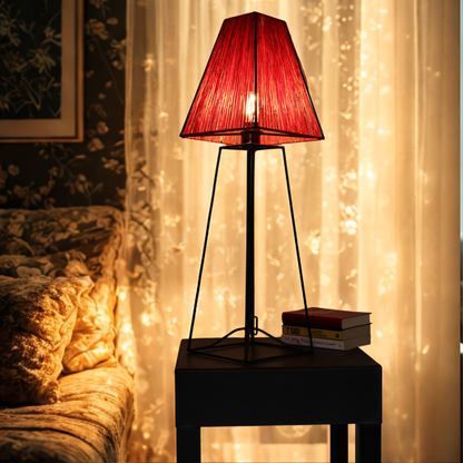 A table lamp with a textured red conical shade and a black metal tripod base, glowing warmly on a dark side table in a cozy room with sheer curtains and fairy lights.