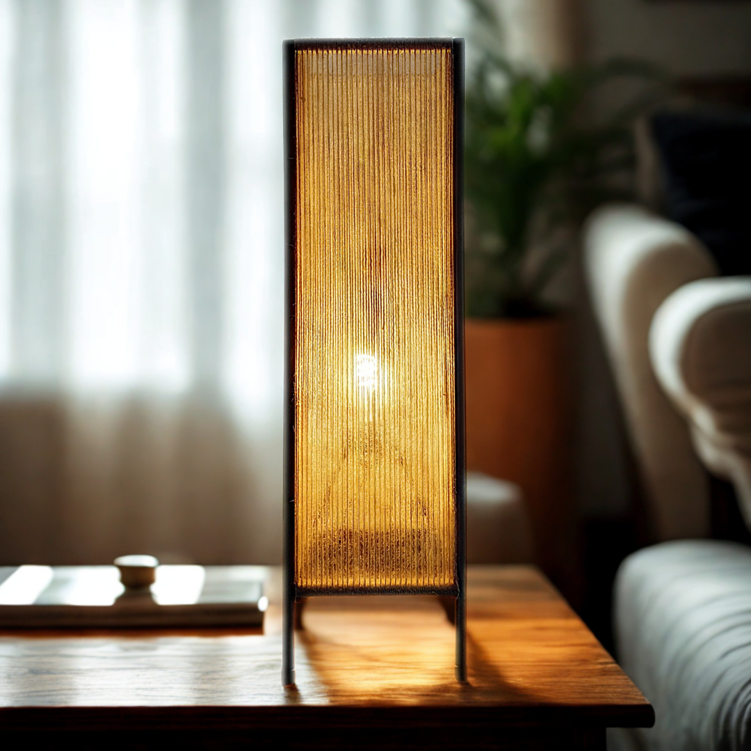 A tall rectangular table lamp with a glowing warm yellow light inside a ribbed translucent shade, set on a wooden table in a softly blurred living room.