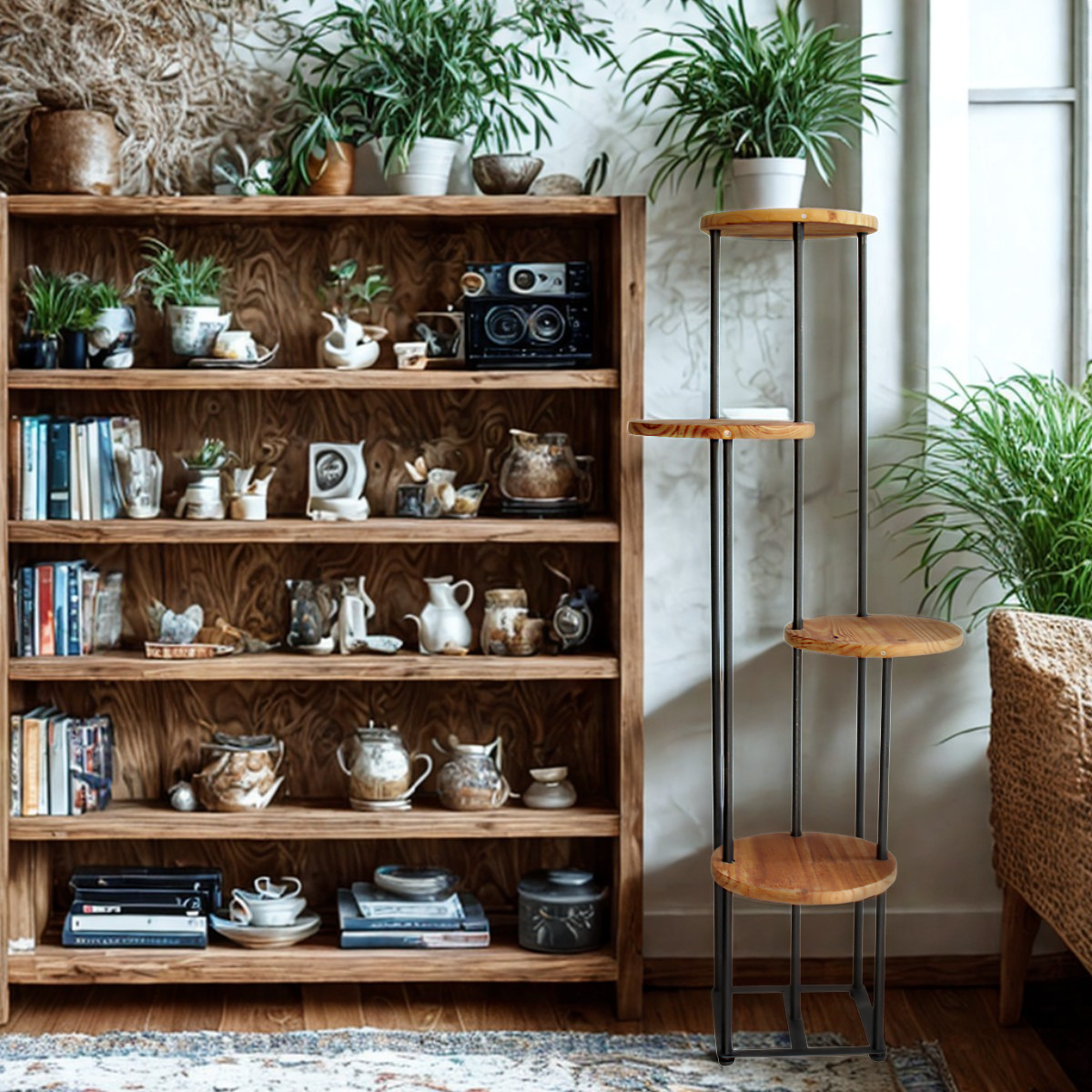 A rustic wooden bookshelf filled with books, ceramic pitchers, decorative objects, and potted plants, shown in a styled interior next to a tall black metal shelving unit with four wooden tiers and a window.