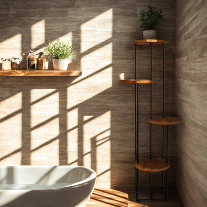 A modern bathroom corner with a black metal multi-tier shelf featuring round wooden shelves, styled with small potted plants and candles. A white bathtub is partially visible in the foreground against a tiled wall with dramatic window shadow patterns.