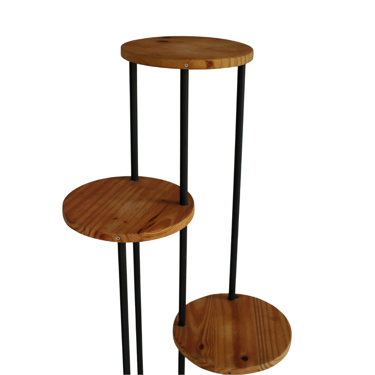 A multi-tier wooden plant stand with a warm medium-brown wood finish and slim black metal legs, shown against a plain white background.