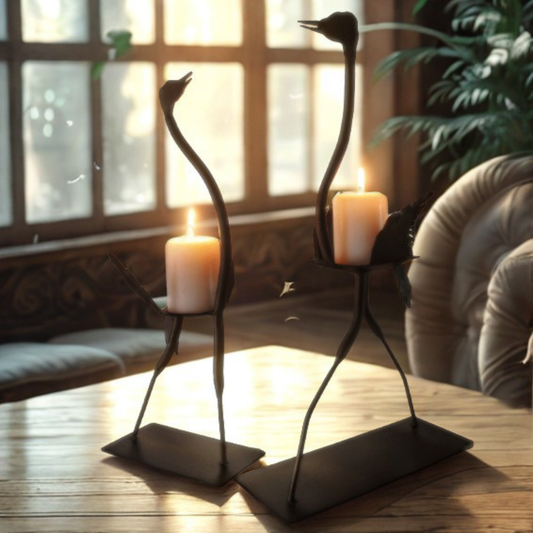 Two black metal ostrich-shaped candle holders with lit candles, displayed on a wooden table in a warm, softly lit room with a window and upholstered chair in the background.