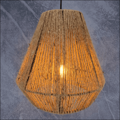 natural fibre pendant with lit bulb