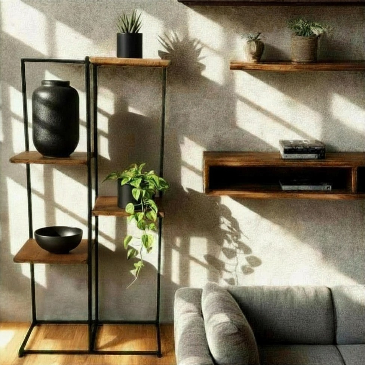 A modern free standing shelving unit with a black metal frame and warm brown wooden shelves, styled with plants and decorative vases in a sunlit living room next to a gray sofa.