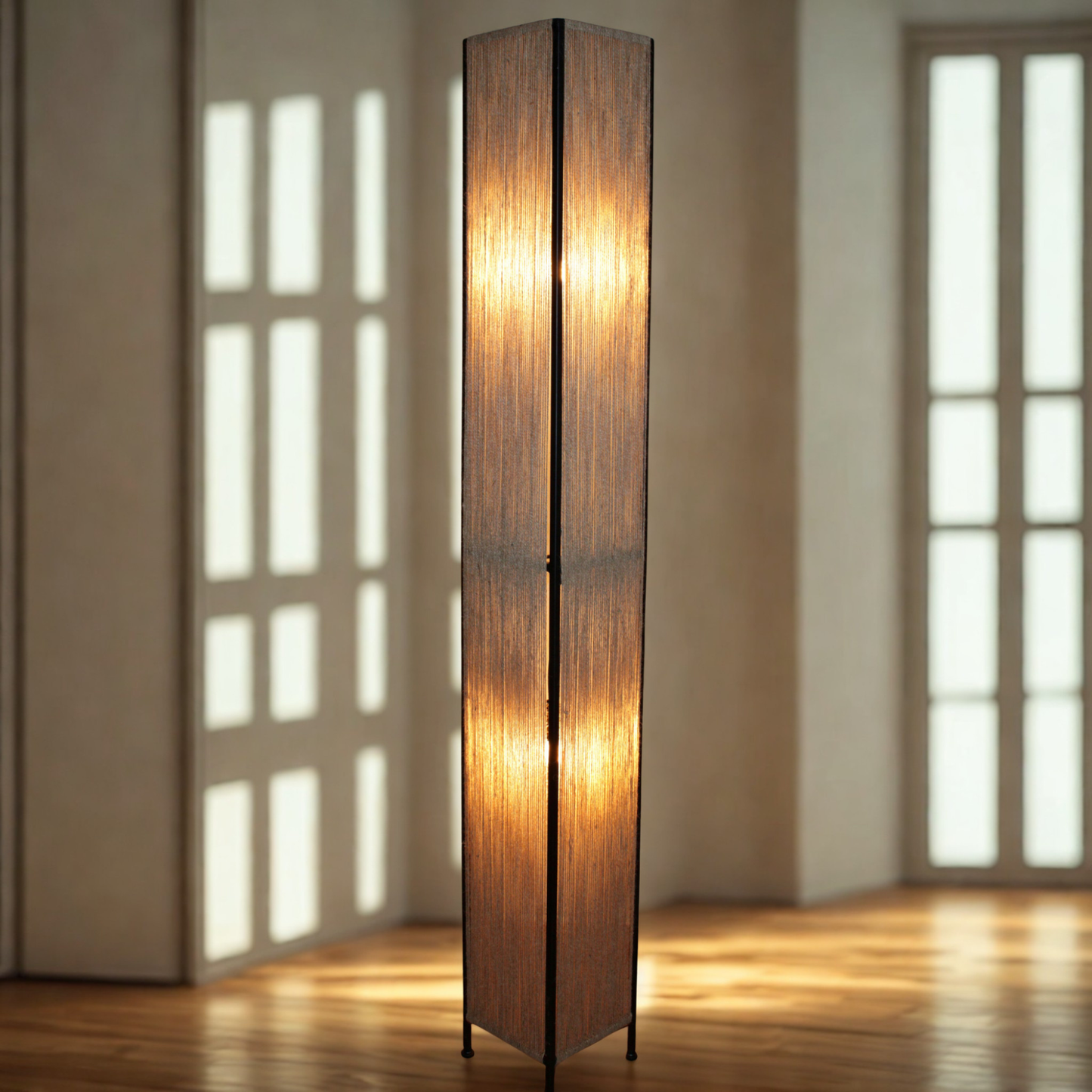 A tall rectangular floor lamp with a warm glowing light inside and a dark natural twine shade, standing on a wooden floor in a softly lit room with window panes in the background.