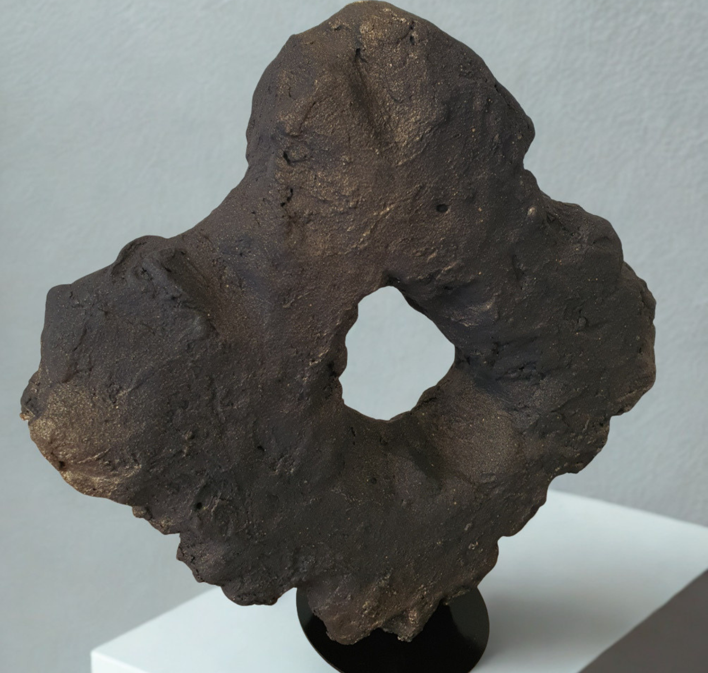 A dark black and light gold textured stone or rock specimen with a central hole, displayed on a black stand atop a white pedestal against a light gray wall.