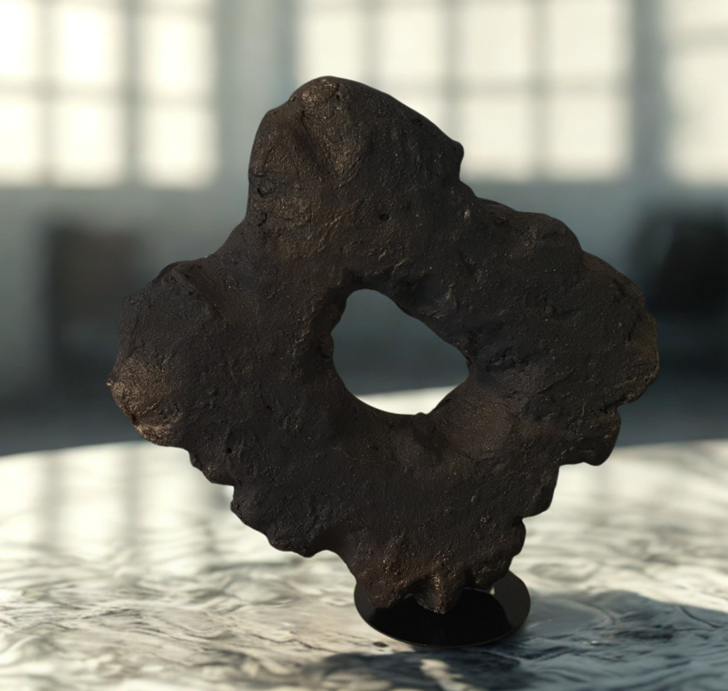 A dark, textured abstract sculpture or decorative stone-like object with a central hole, displayed on a small round base in a softly blurred indoor setting.