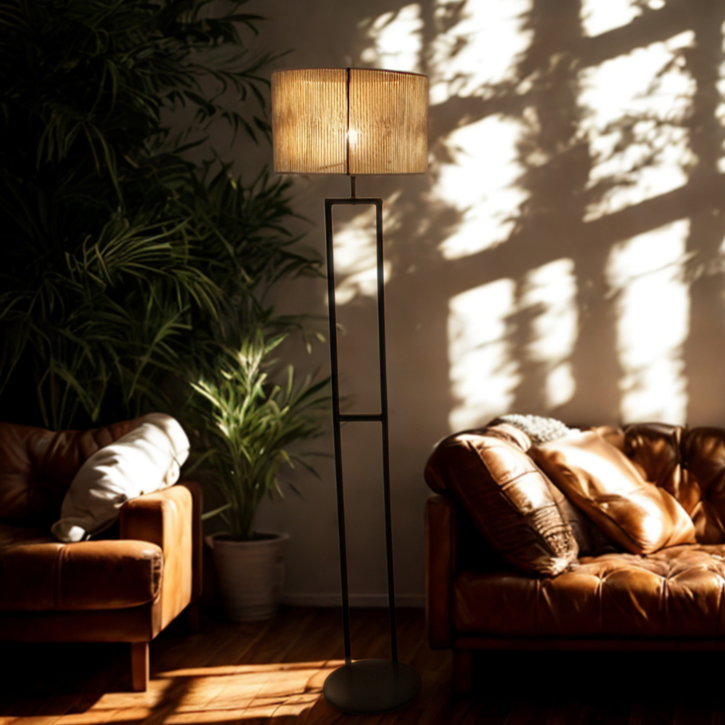 Living room with a floor lamp casting shadows on the wall, surrounded by plants and furniture.