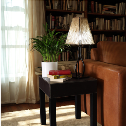 Livingroom image with a bookshelf. Side lamp on a table next to a light brown leather couch.