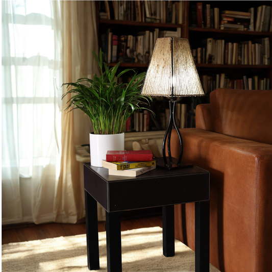 Livingroom image with a bookshelf. Side lamp on a table next to a light brown leather couch.