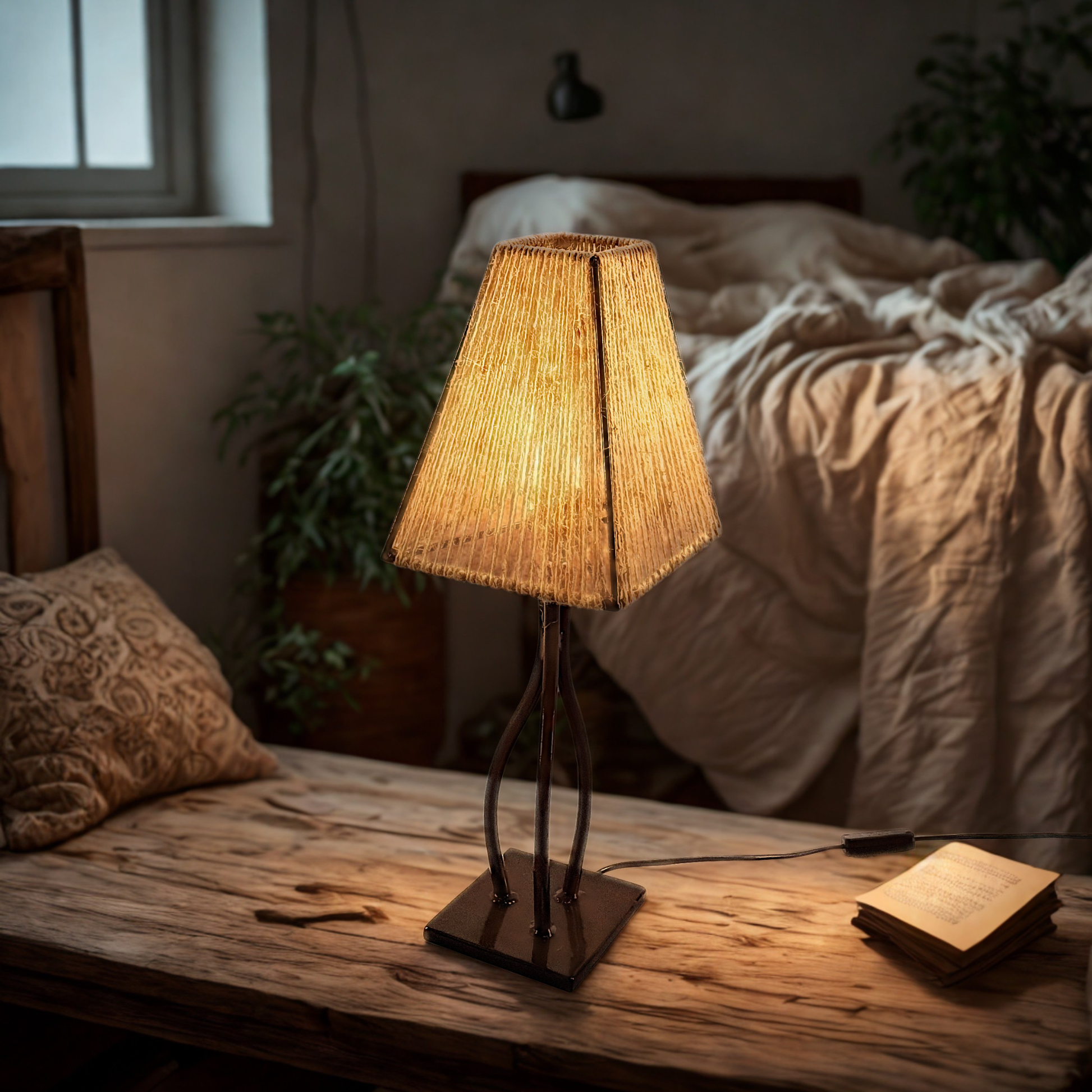 Side lamp on a wooden bench table in a bedroom