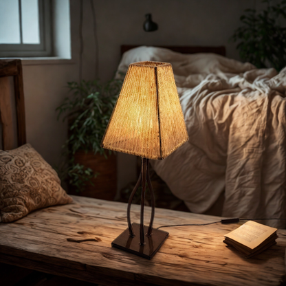 Side lamp on a wooden bench table in a bedroom