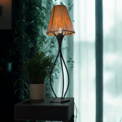 A modern floor lamp with a textured brown conical shade and a dark, sculptural curved metal base, shown lit on a dark side table next to a potted plant in a home interior setting.