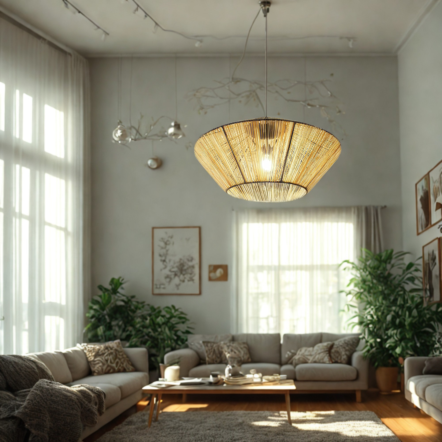 A large woven natural-fiber pendant light hangs in a bright, modern living room with a beige sofa, plants, and large windows.